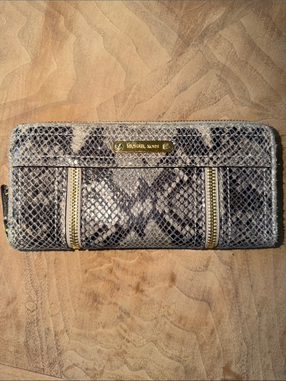 Michael Kors Moxley Continental Zip Clutch Wallet dark Sand Python Leather